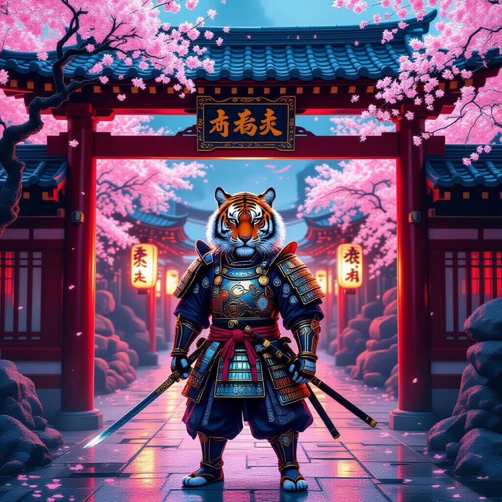 Tiger Samurai Guarding Neon Dojo in Ukiyo-e Cyberpunk Style