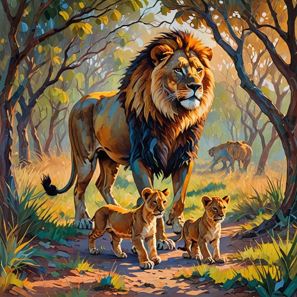 Lion Family in Savannah: Neo-Impressionist Oil Painting
