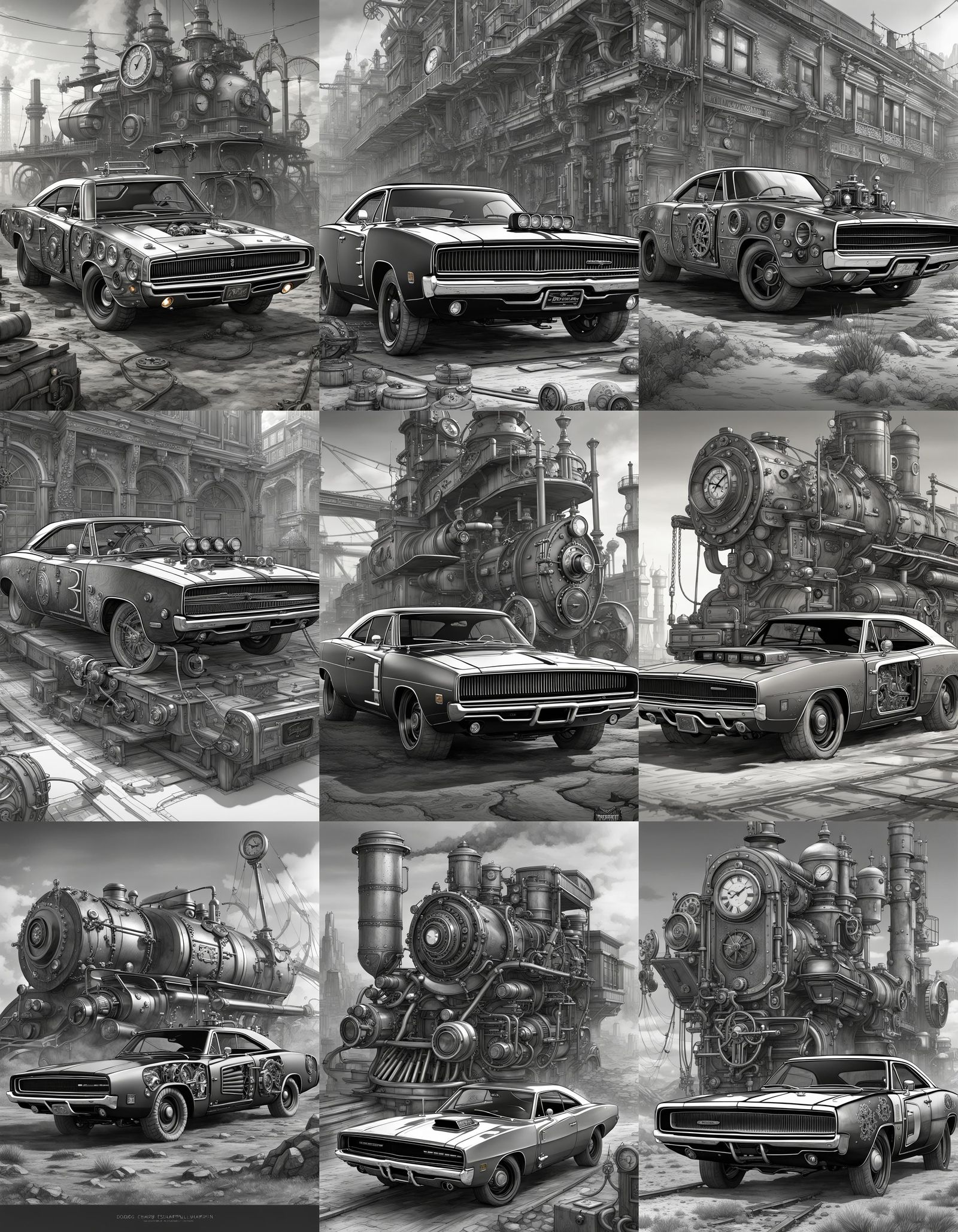 Steampunk Dodge Charger Line Art for Coloring
