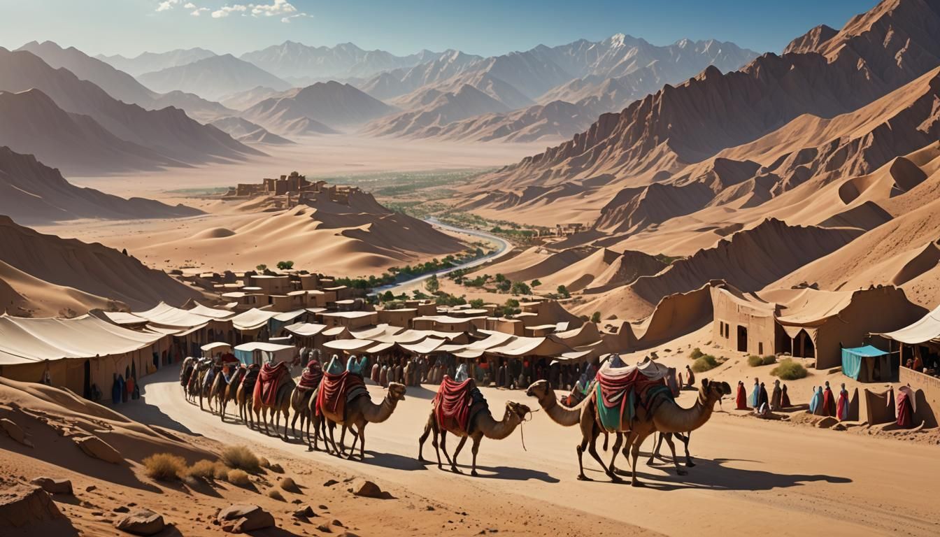Ancient Silk Road Caravan Through Desert Landscape