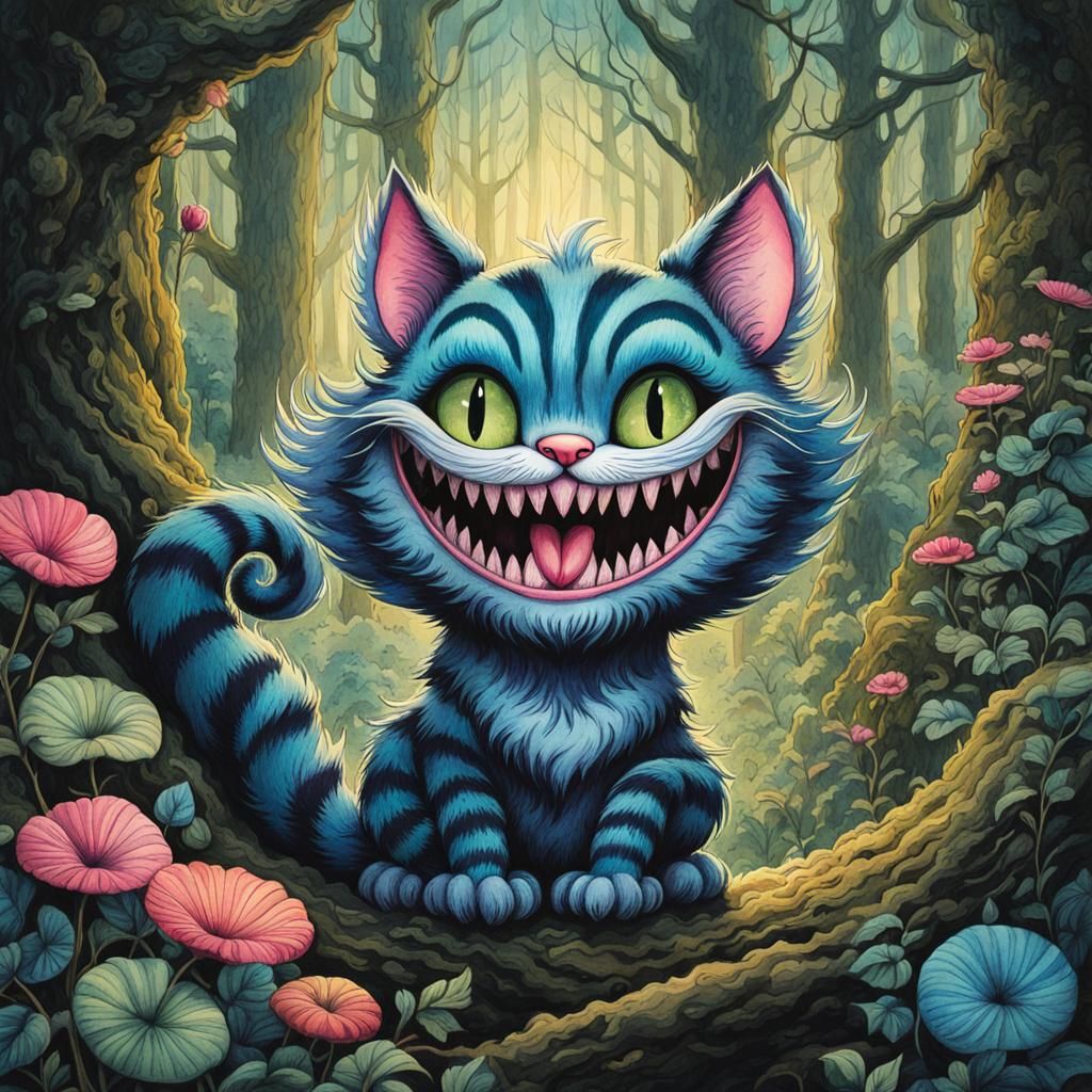 Cute and Scary Cheshire Cat Watercolor Sketch