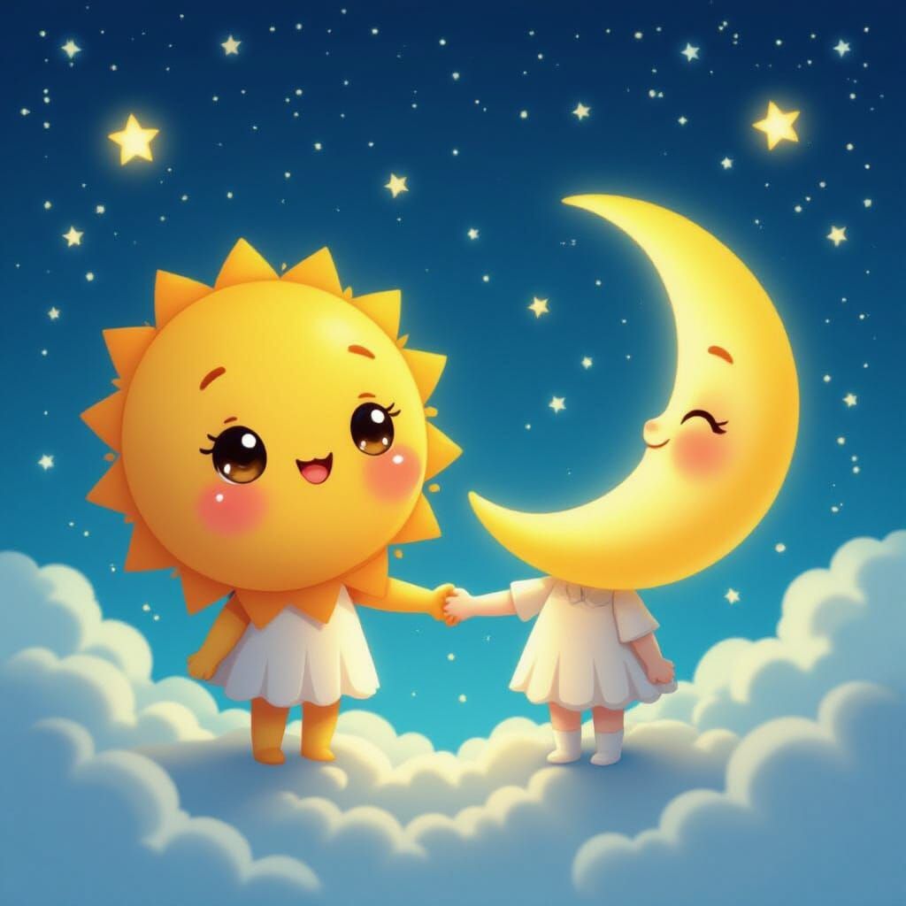 Kawaii Sun and Moon Holding Hands in Starry Sky