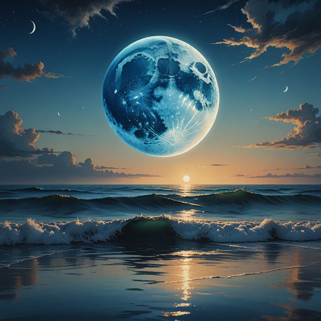 Gigantic Blue Moon Reflection, Vibrant Oil Painting