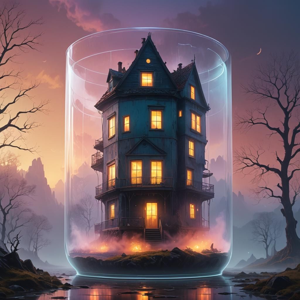 House in Glass Container in Surreal Landscape