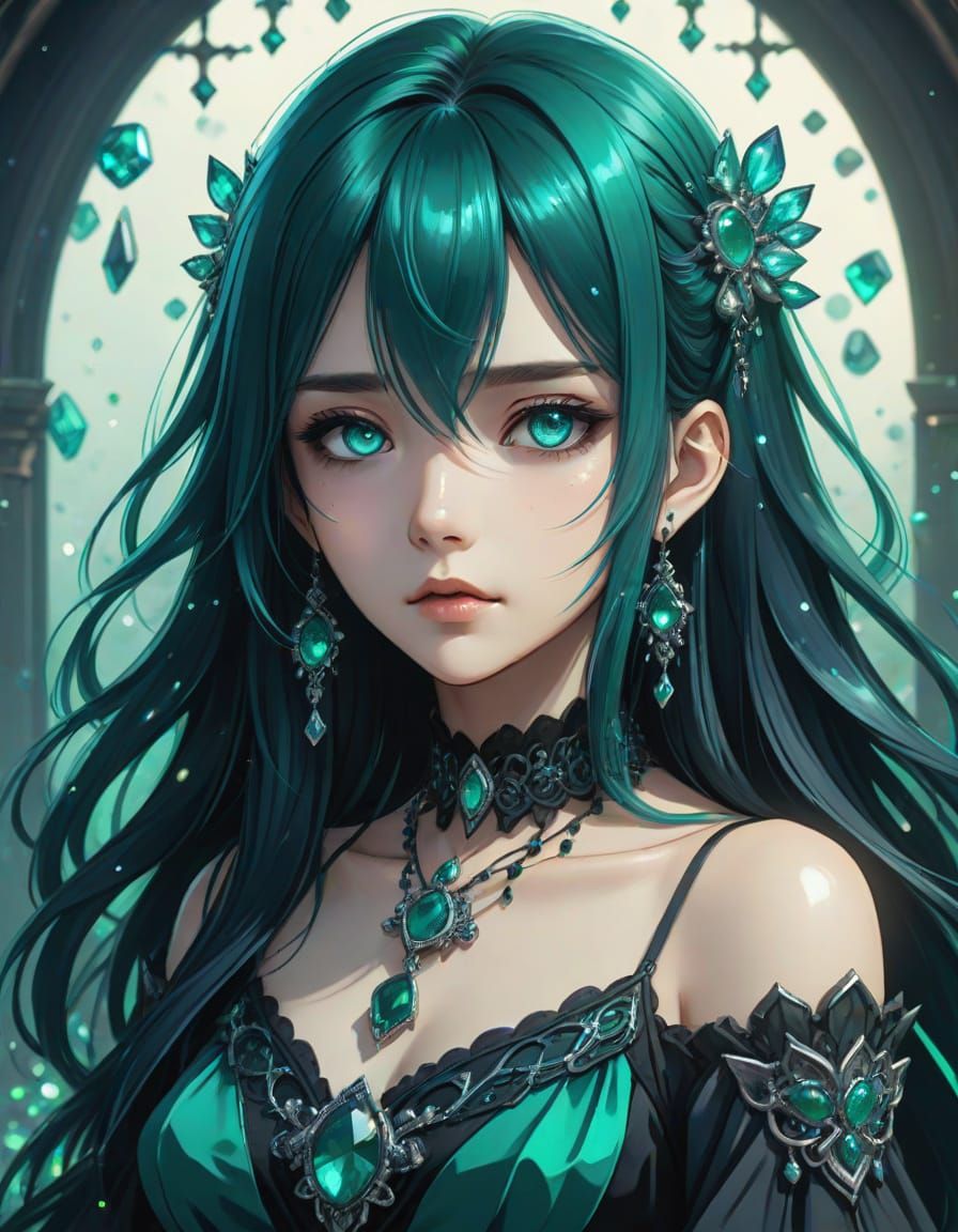 Melancholic Anime Goddess in Emerald Regalia