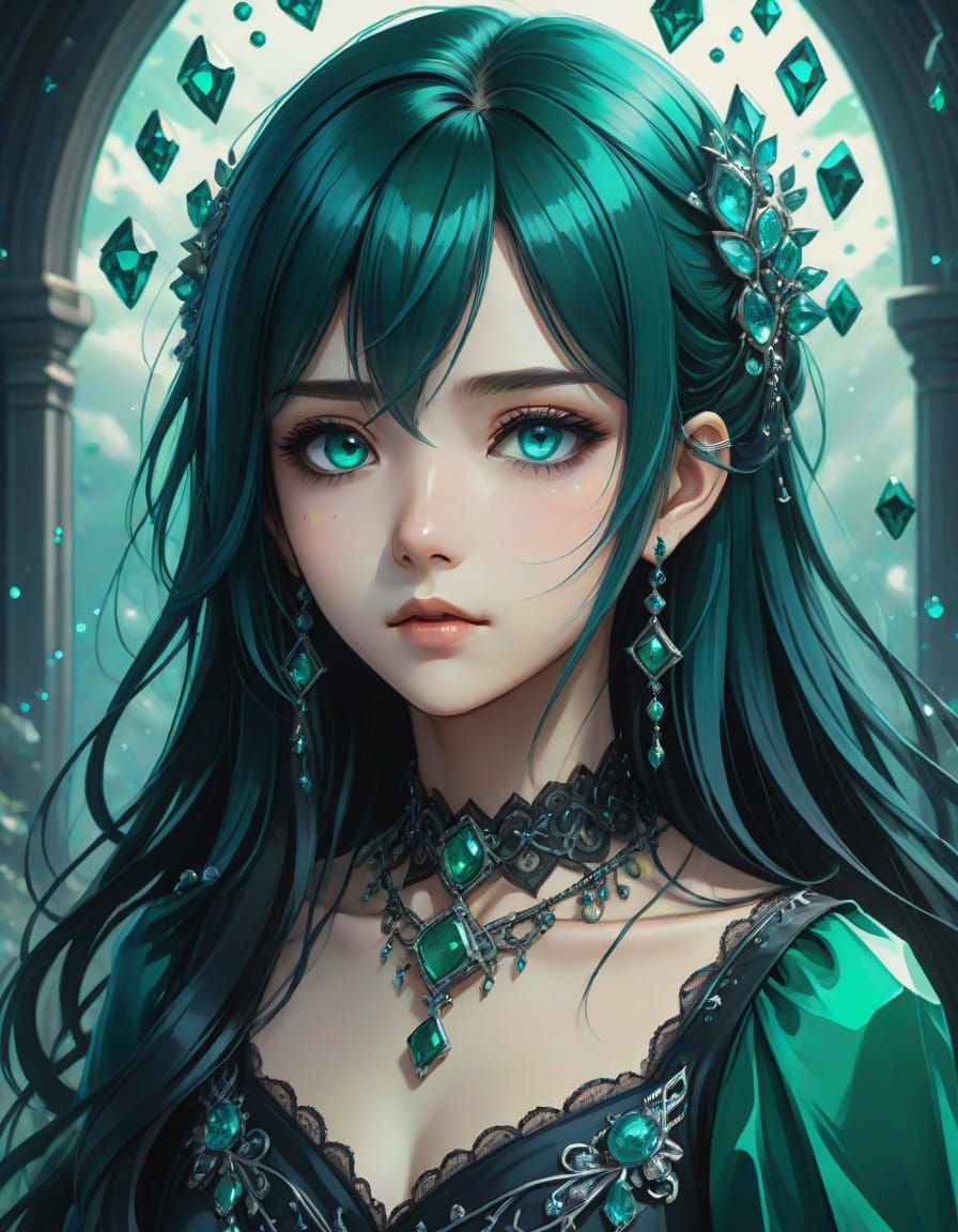 Melancholic Anime Woman in Gothic Dress with Emeralds