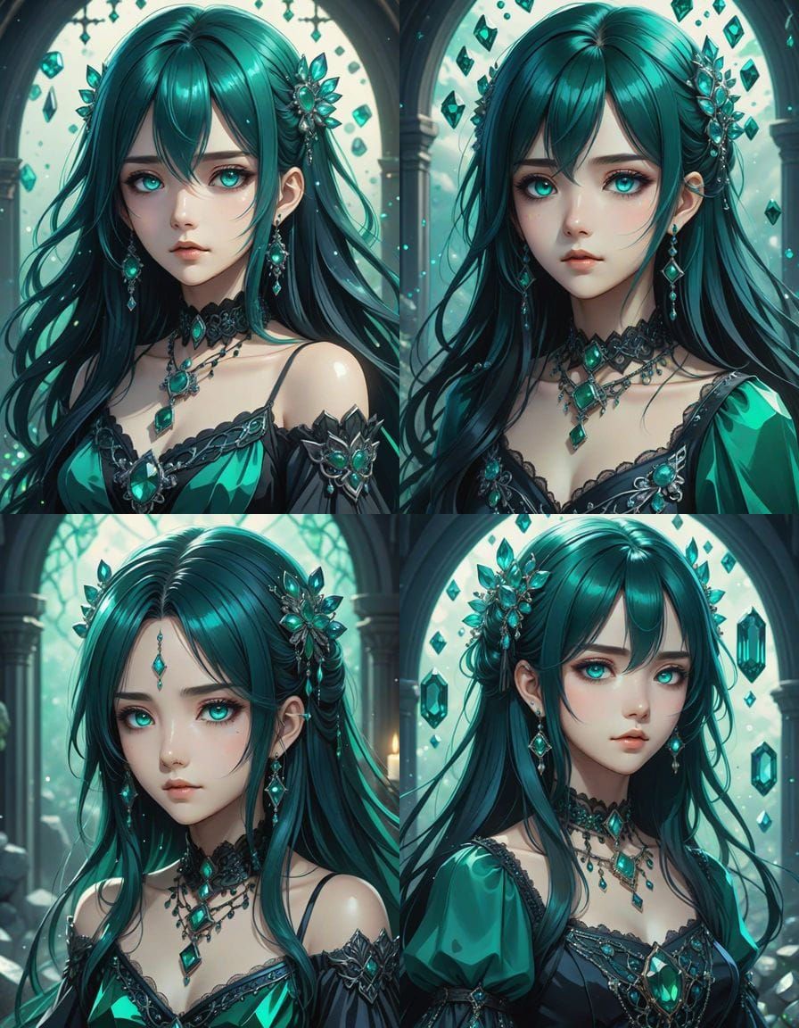 Melancholic Anime Woman in Emerald Gothic Style