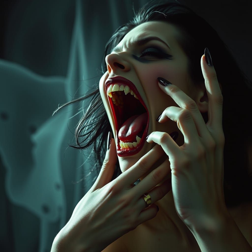 Ethereal Vampire Goddess Exposes Sharp Fangs