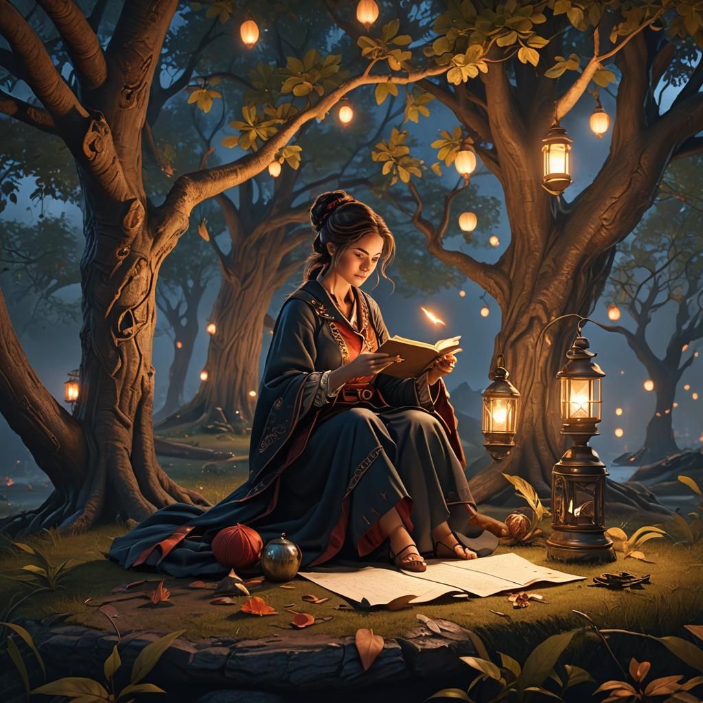 Woman Writing Letter by Lantern Light