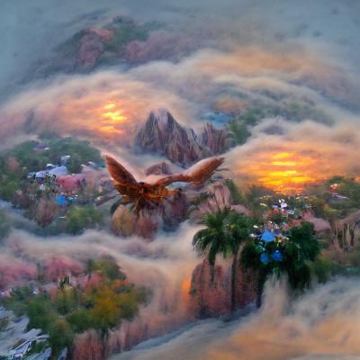 Phoenix Soaring Over Shangri-La: Ethereal Sunset Fantasy