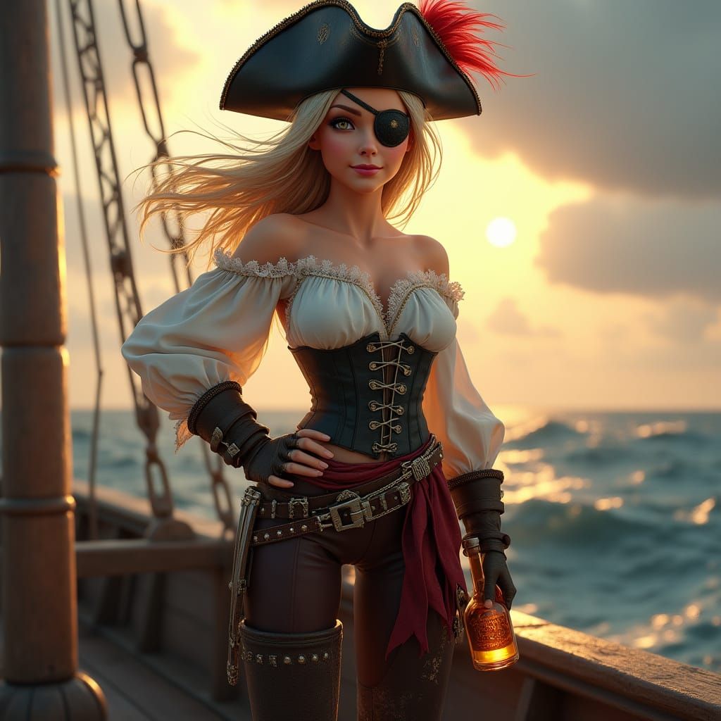 Realistic Female Pirate Standing Confidently on Sailing Ship...