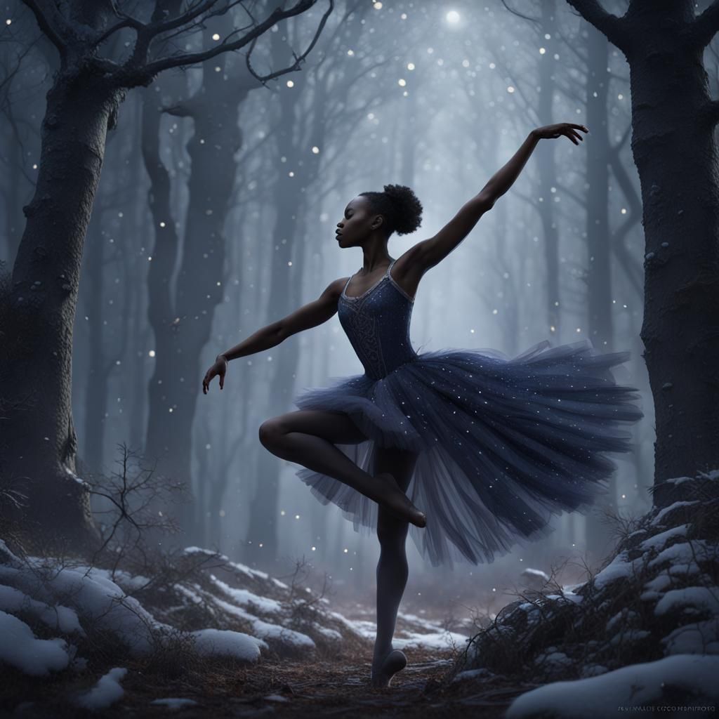 African Ballerina Dances in Snowy Forest Clearing