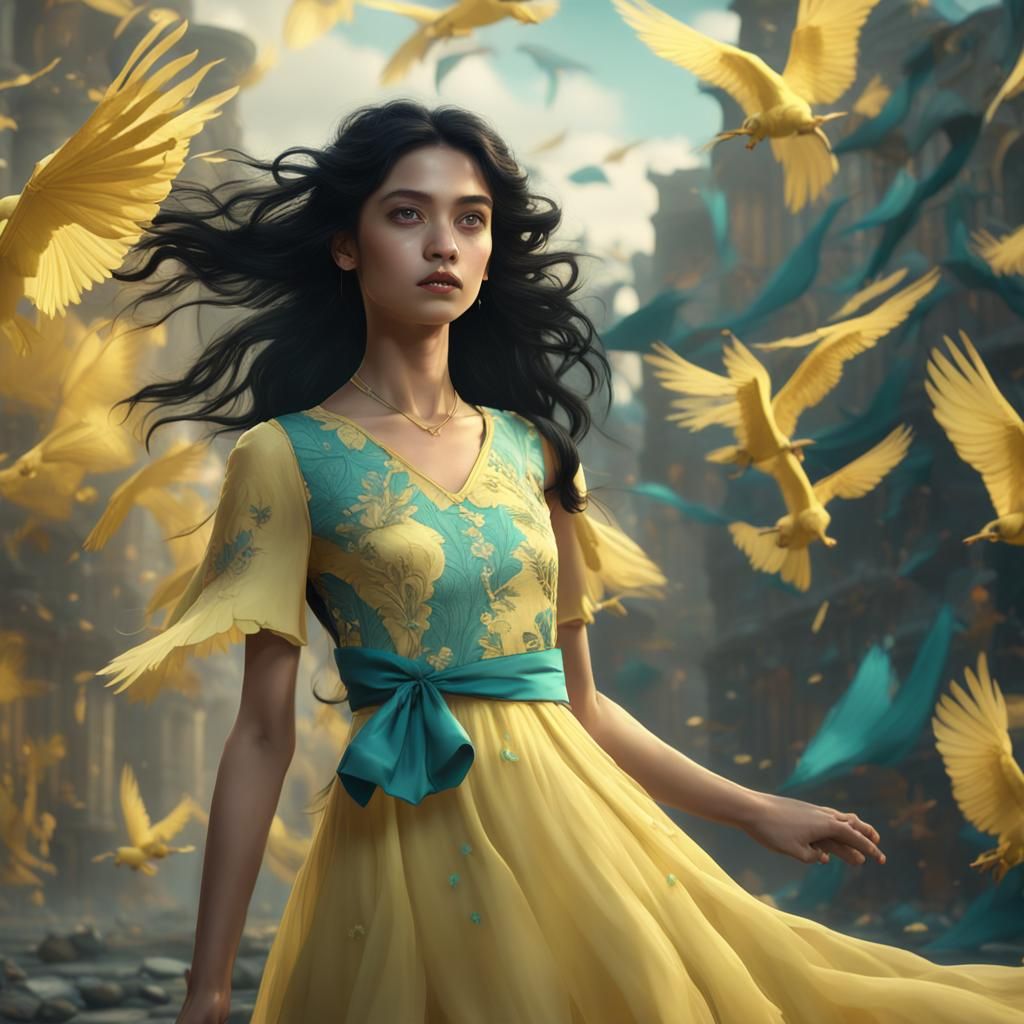 Girl with Teal Eyes in Wind, Fantasy Art
