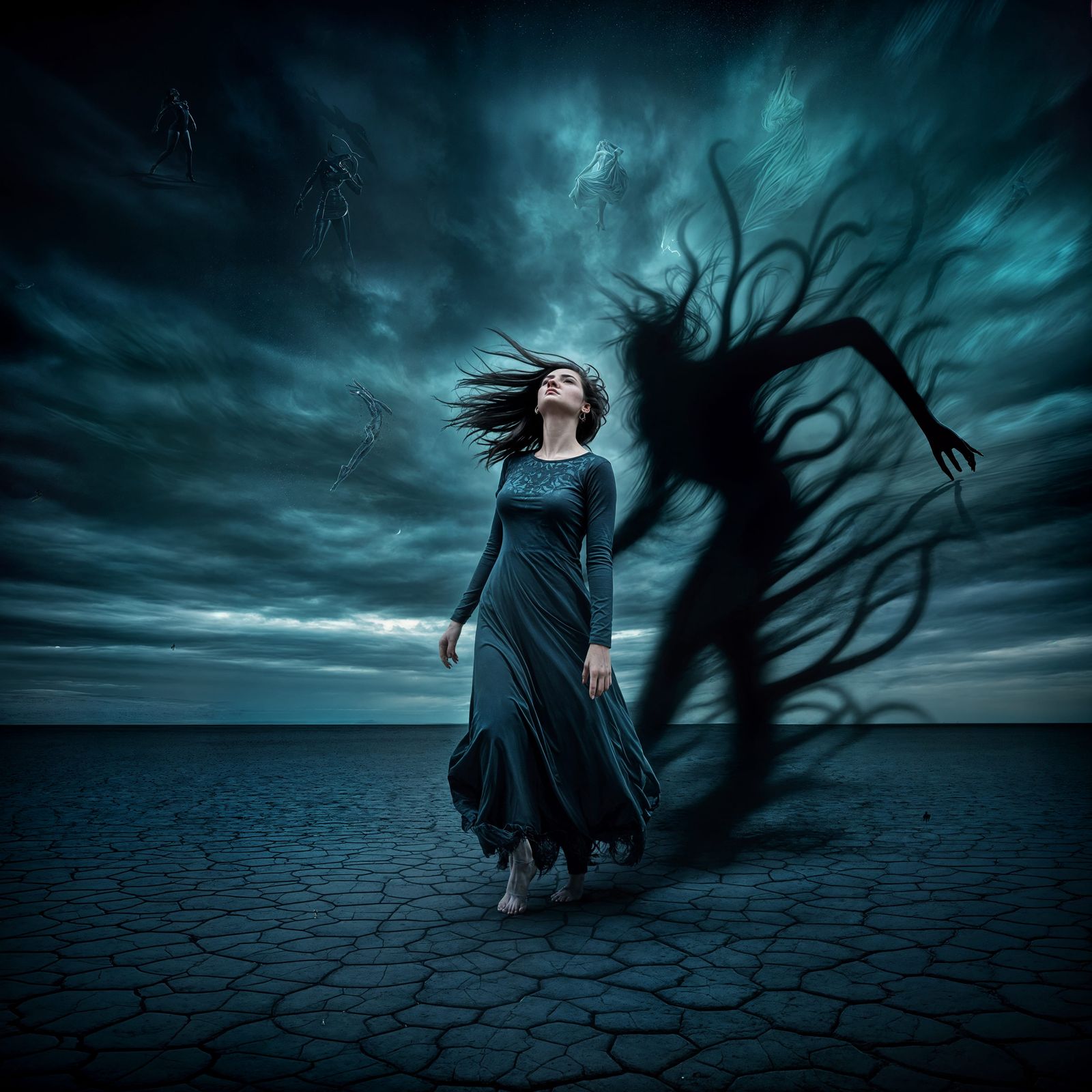 Surreal Woman Dances with Dark Shadow on Empty Plain