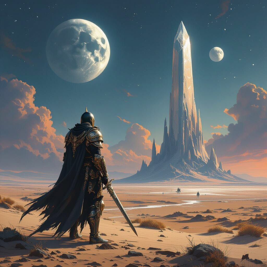 Alien Warrior on Windswept Plain Under Two Moons