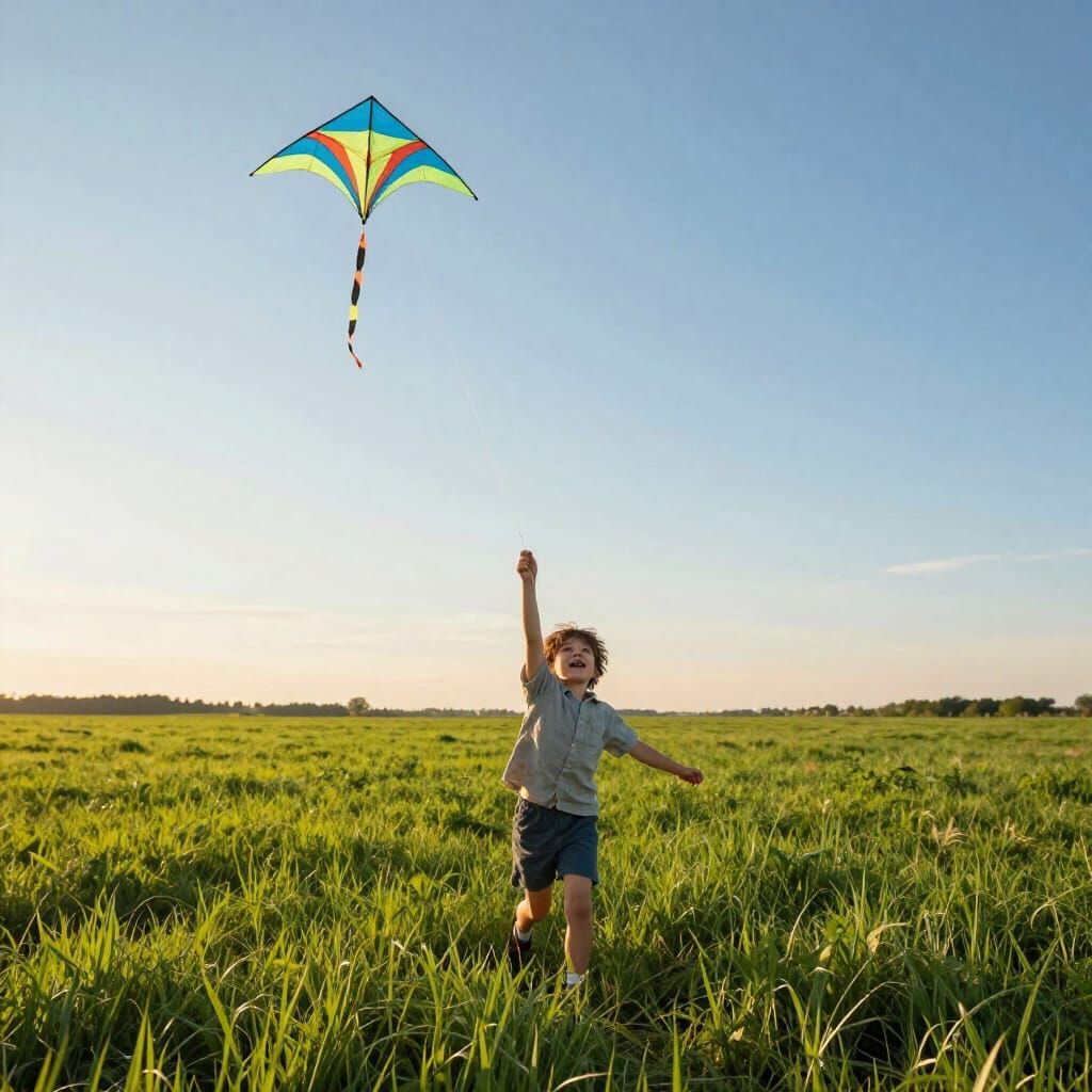 Joyful Child Flying Kite in Golden Hour Field