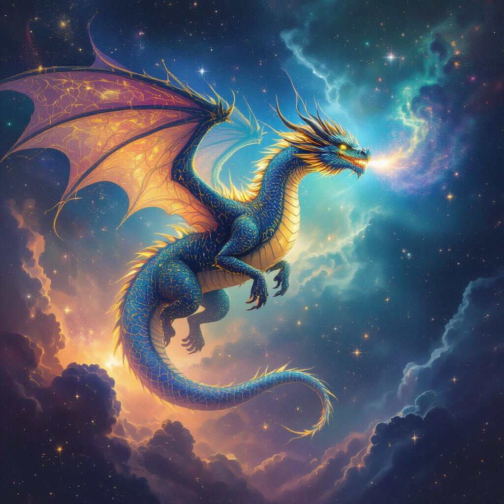 Bioluminescent Dragon Soaring Through Cosmic Nebula