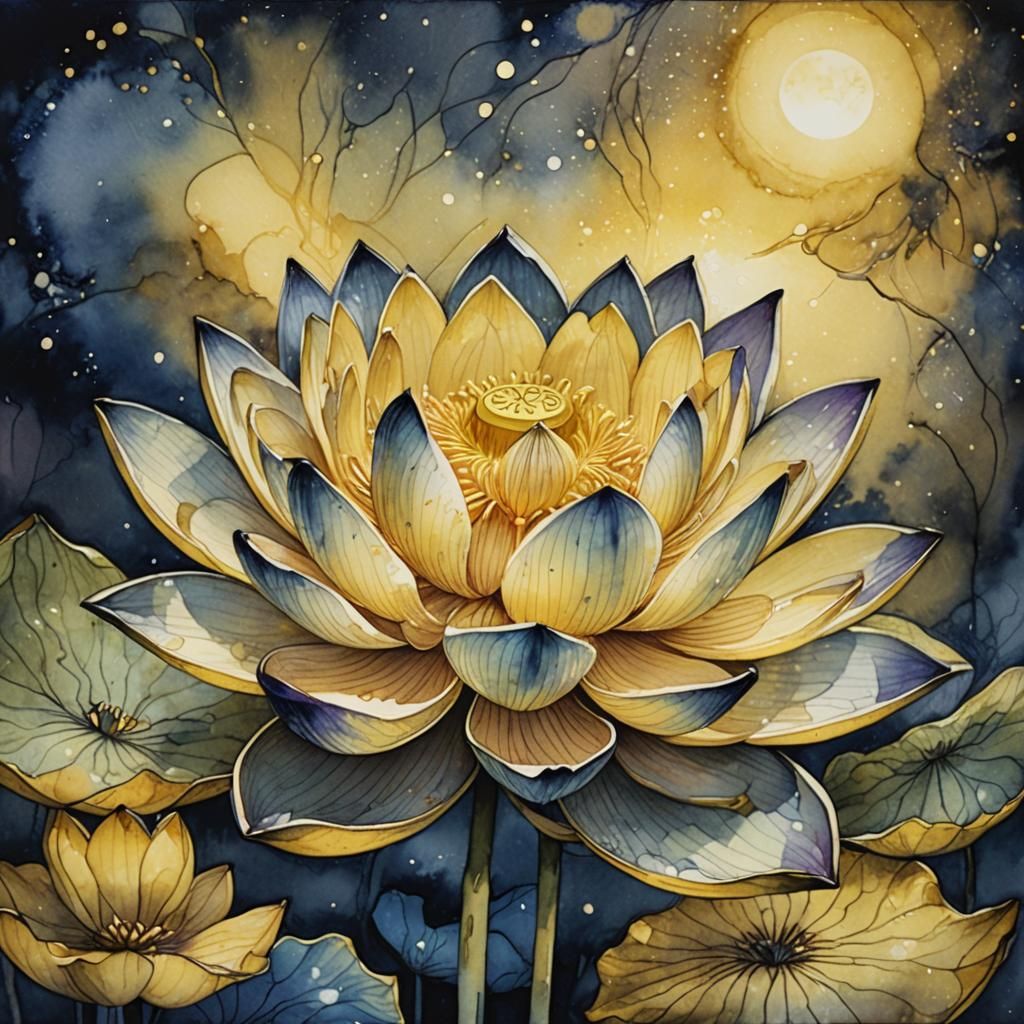 Glowing Lotus Flower in Ink Wash Painting Style