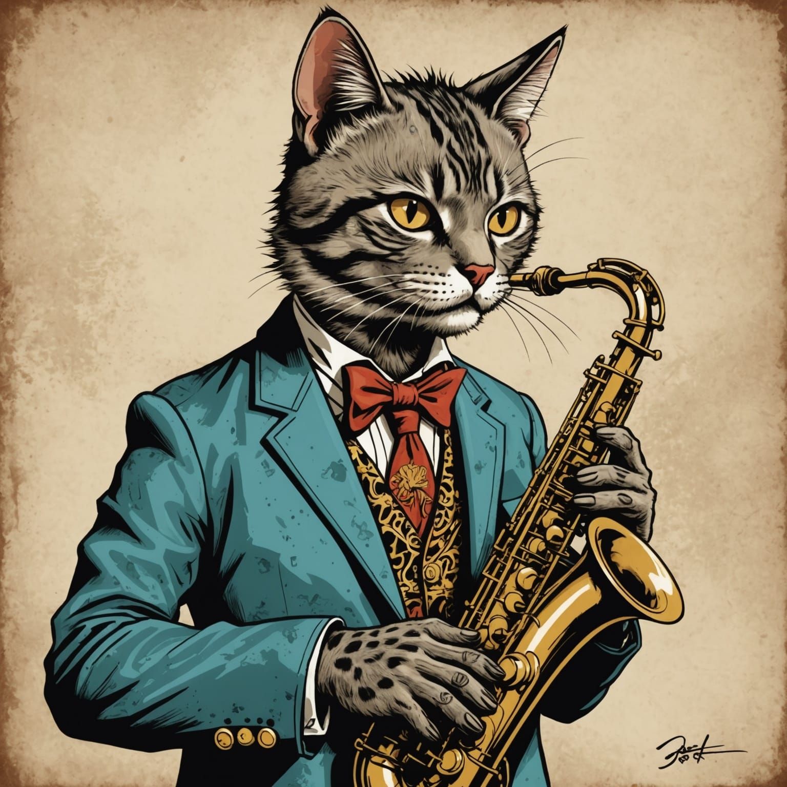 Rockabilly Cat Saxophonist in Detailed Comic Art