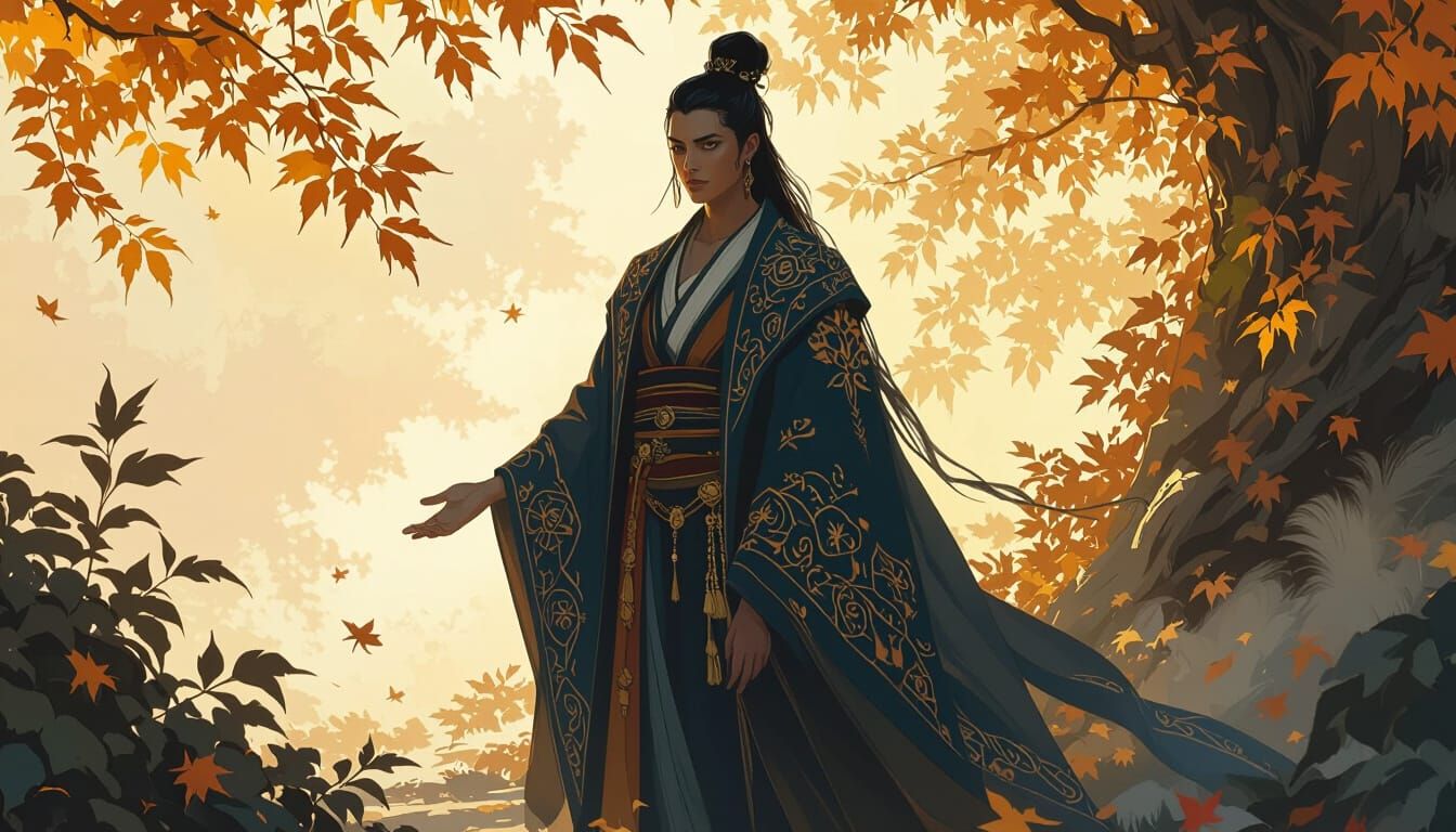 Mystical Figure in Autumn Landscape, Fantasy Art