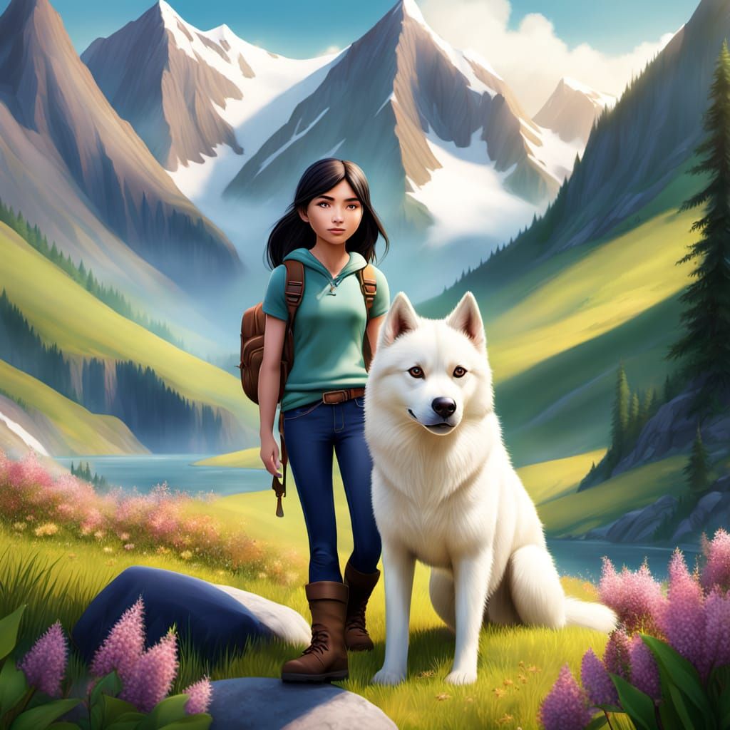 Serene Valley Scene with Majestic White Husky and Young Girl