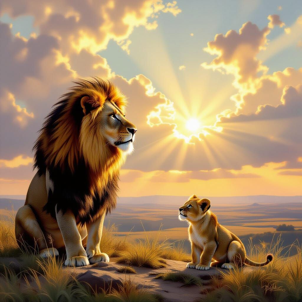 Majestic Lions Gazing at Horizon in Painterly Style