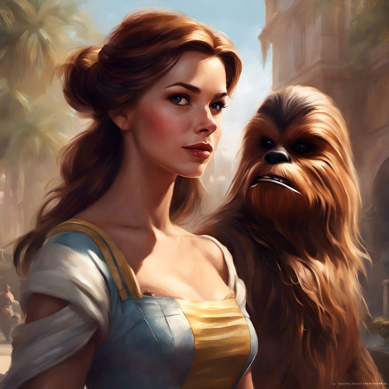 Princess Belle and Chewbacca Portrait in Digital Art Style