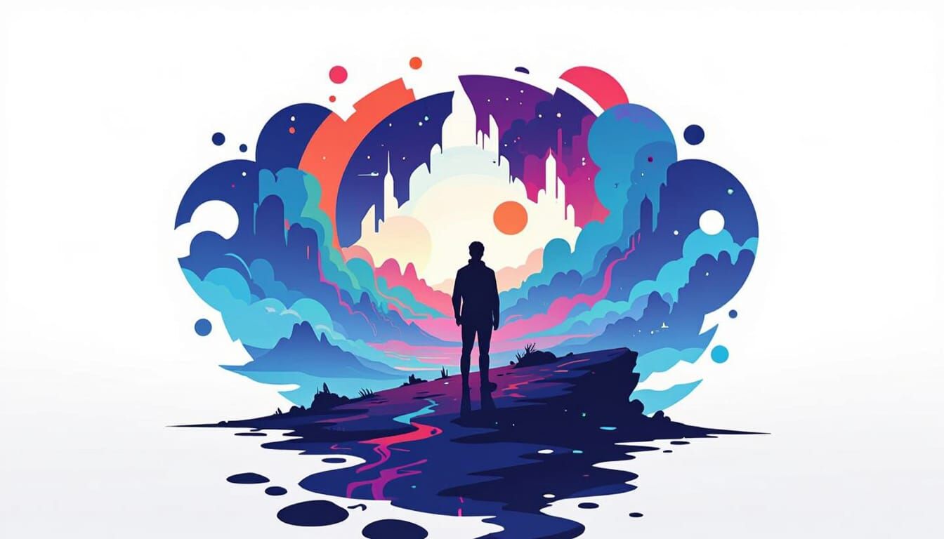 Surreal Dreamscape with Man in Futuristic Landscape