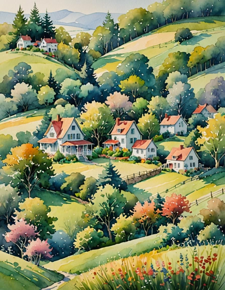 Ethereal Watercolor House on a Hill