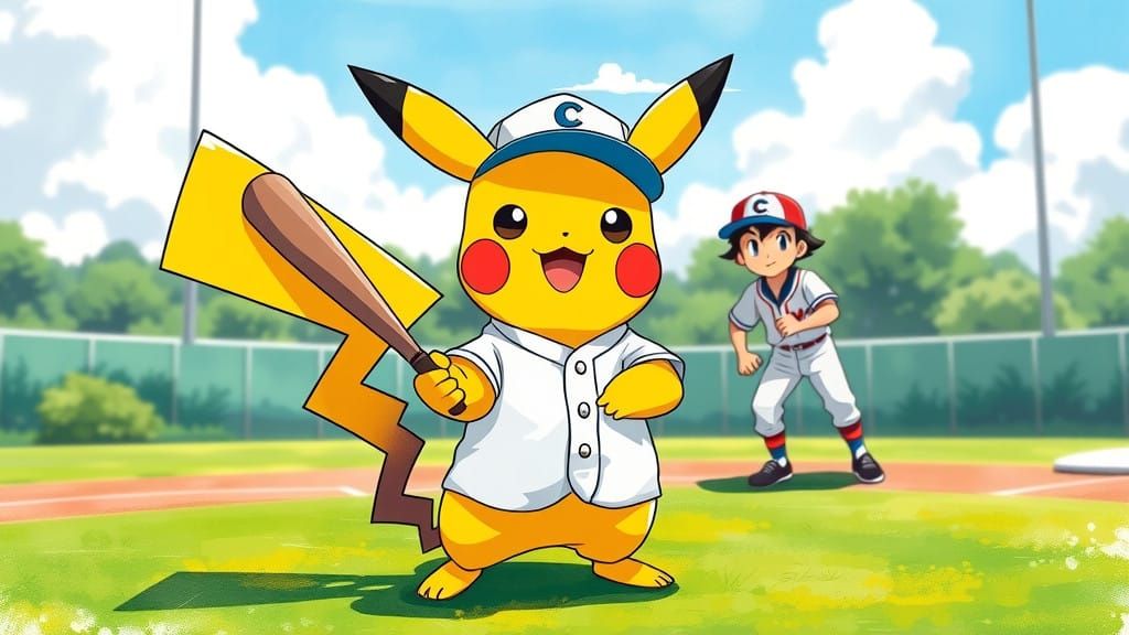 Electric Pikachu Joins Ash in a Dynamic Baseball Illustratio...
