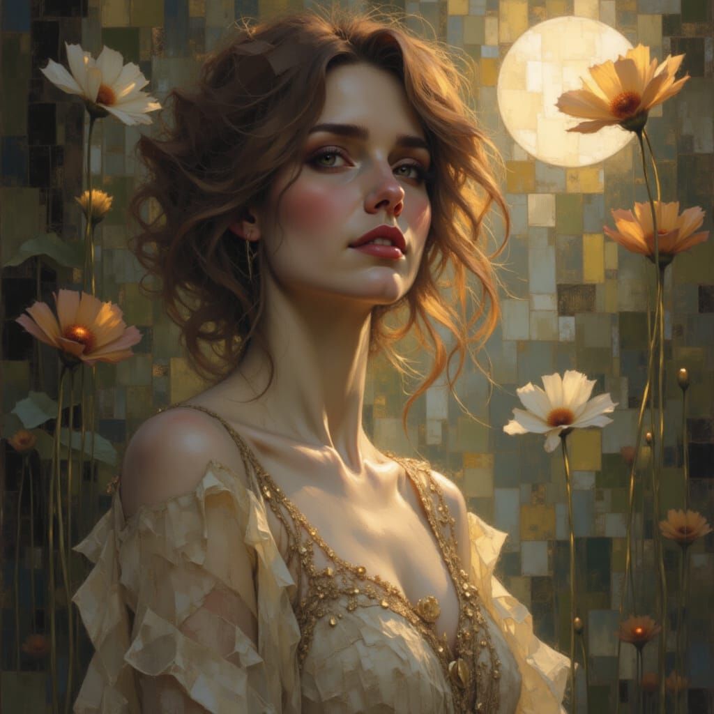 Woman in Moonlight: Romantic Oil Painting