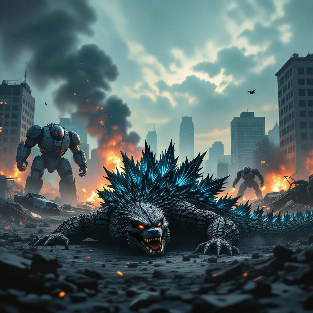Godzilla Defeated by Damaged Jaegers in Ruined City