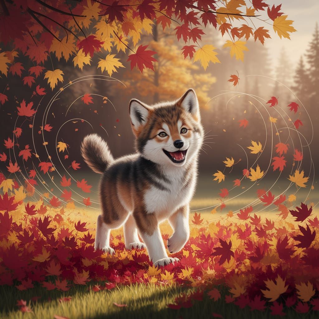 Wolf Cub Laughing in Autumn Leaves