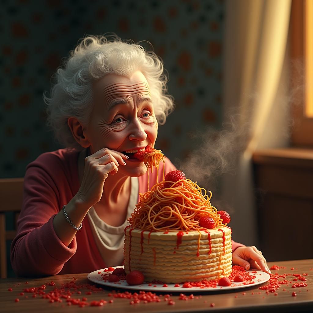 Elderly Woman Enjoys Spaghetti Strawberry Cake