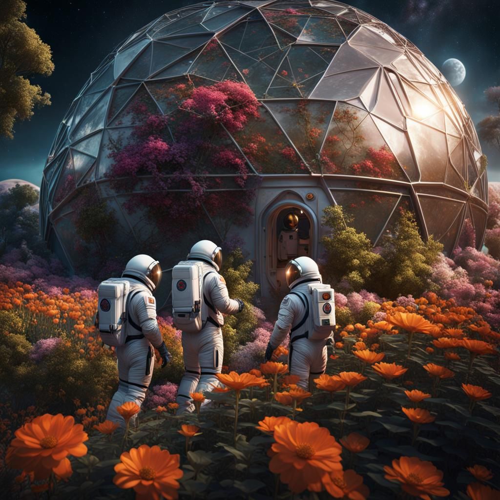 Astronauts Tend Lunar Flowers in Geodesic Dome