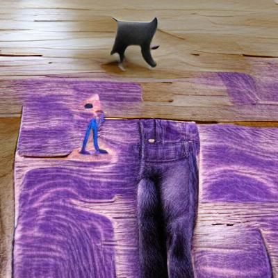 Purple Cat Person in Jeans on Wooden Floor