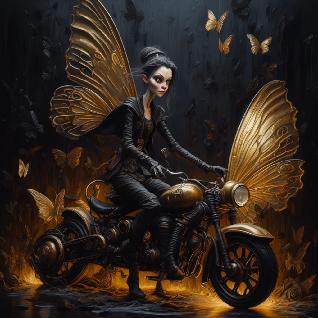 Steampunk Fairy Godmother Motorcycle Chase in Grunge Style