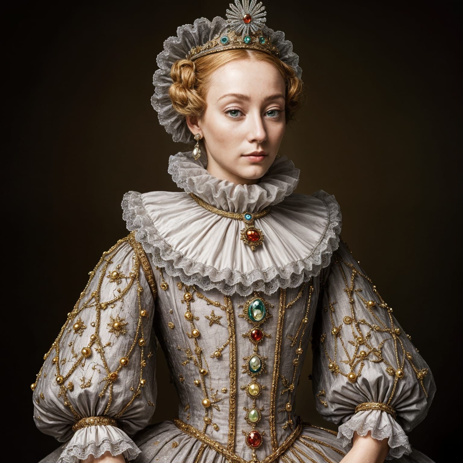 Regal Beauty at a 1623 London Ball in Opulent Palace