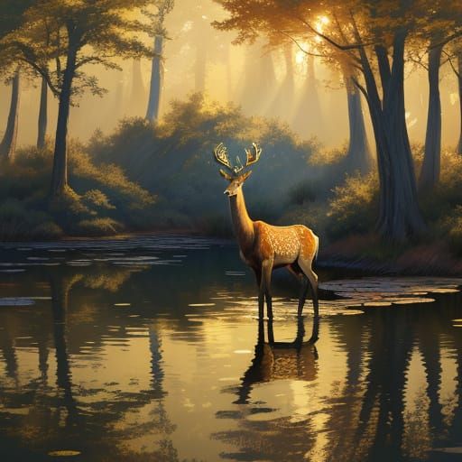 Majestic Buck in Pond: Digital Oil Painting