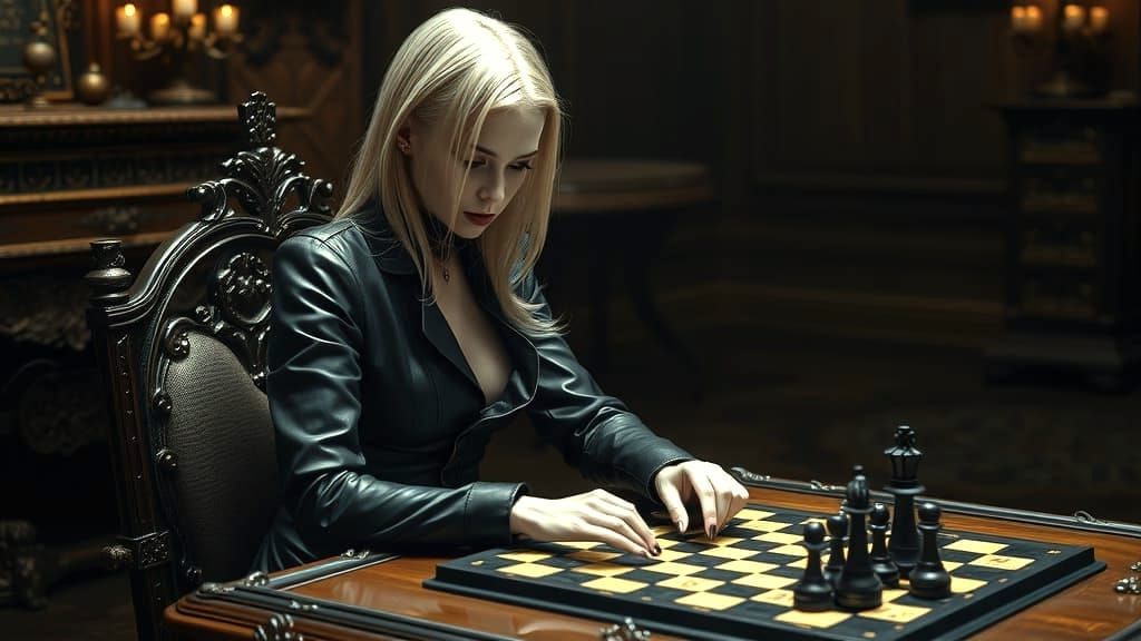 Goth Woman Plays Chess in Photo-Realistic Style