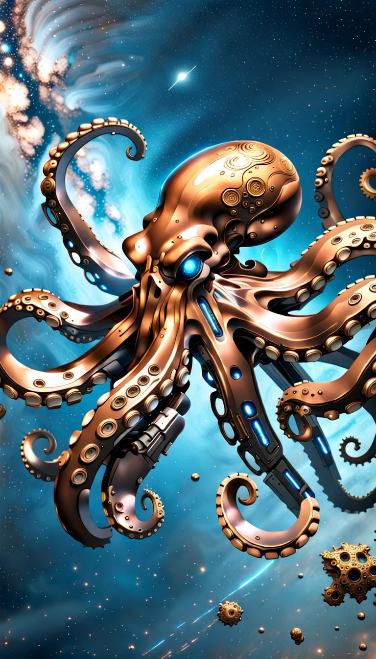Futuristic Bronze Mech Octopus in Milky Way