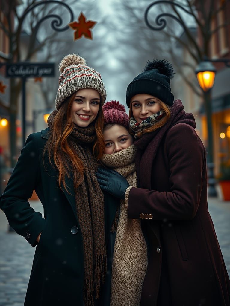 Happy Lesbian Family in Fashionable Winter Clothing