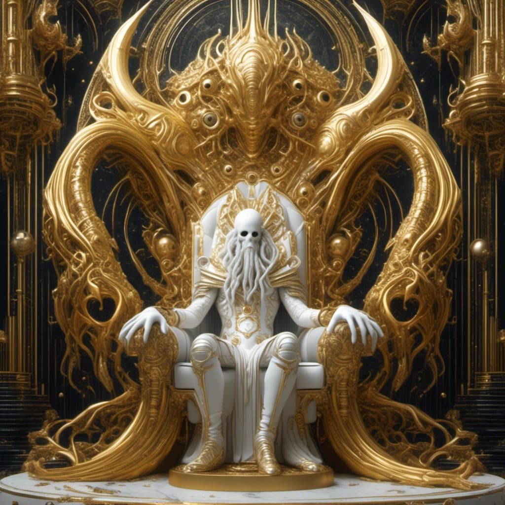 Golden Lovecraftian Emperor on Throne in Gildpunk Style