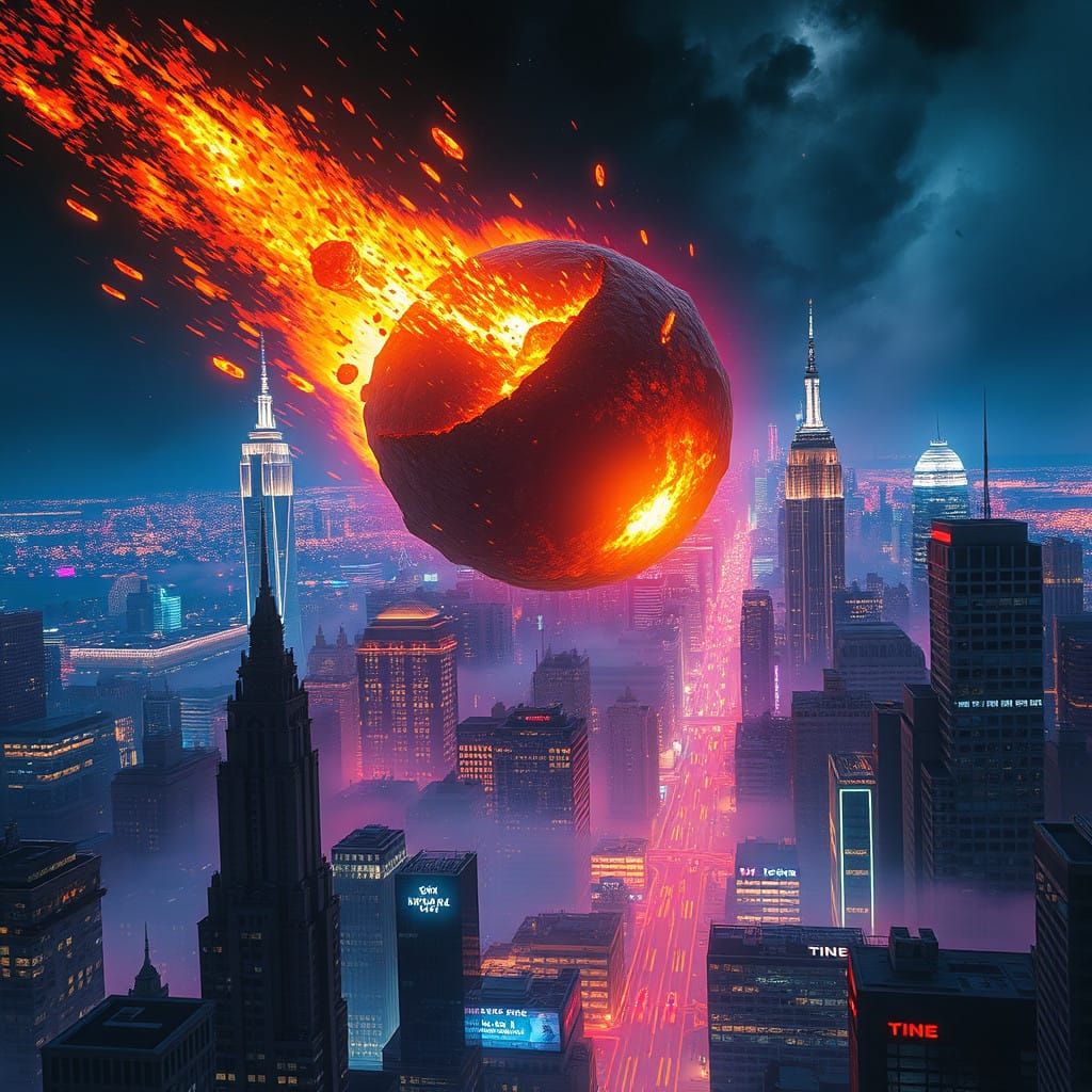 Burning Asteroid Approaches Dystopian New York Cityscape at...