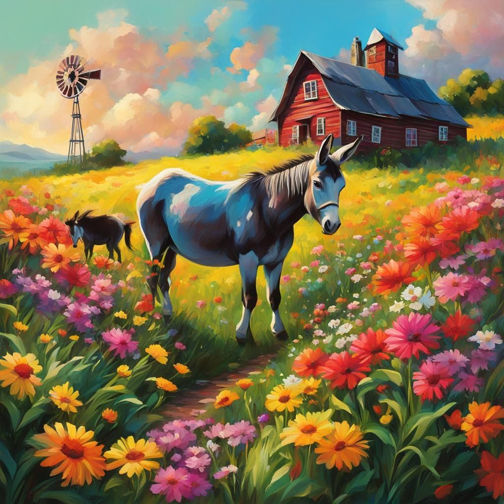 Picturesque Farmhouse with Donkey in Graffiti Art Style