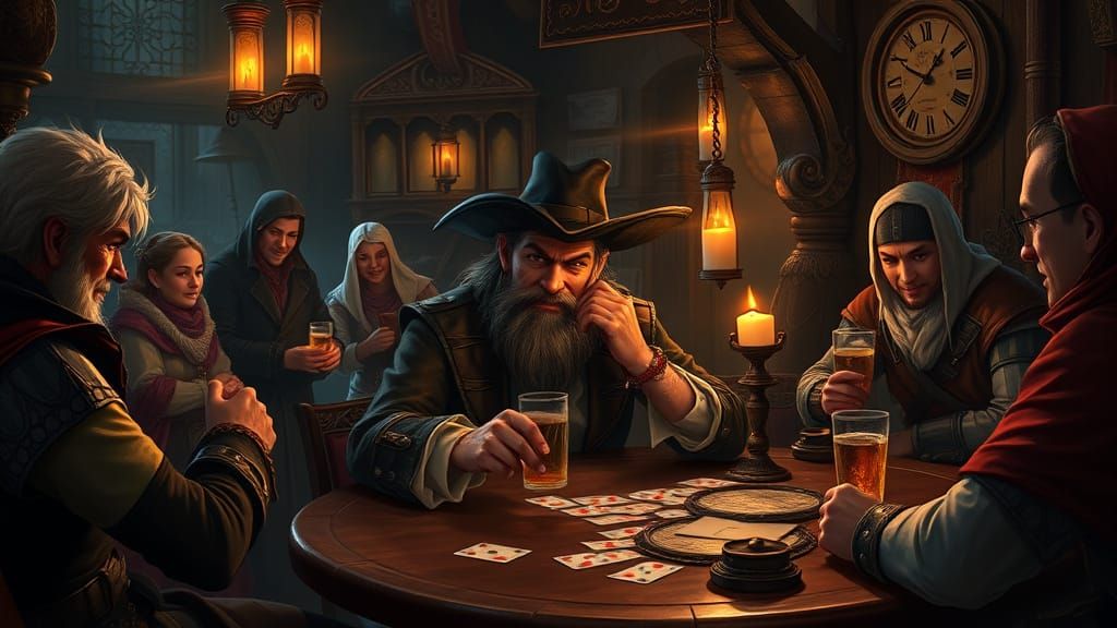 Charismatic Rogue Deals Cards in Tavern Scene