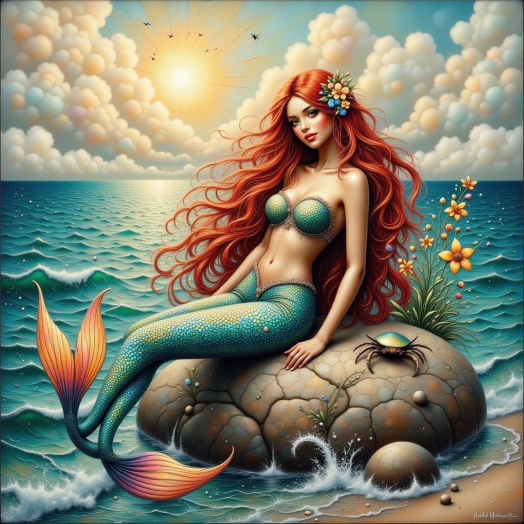 Mermaid Sunbathing on Rock with Rainbow Tail