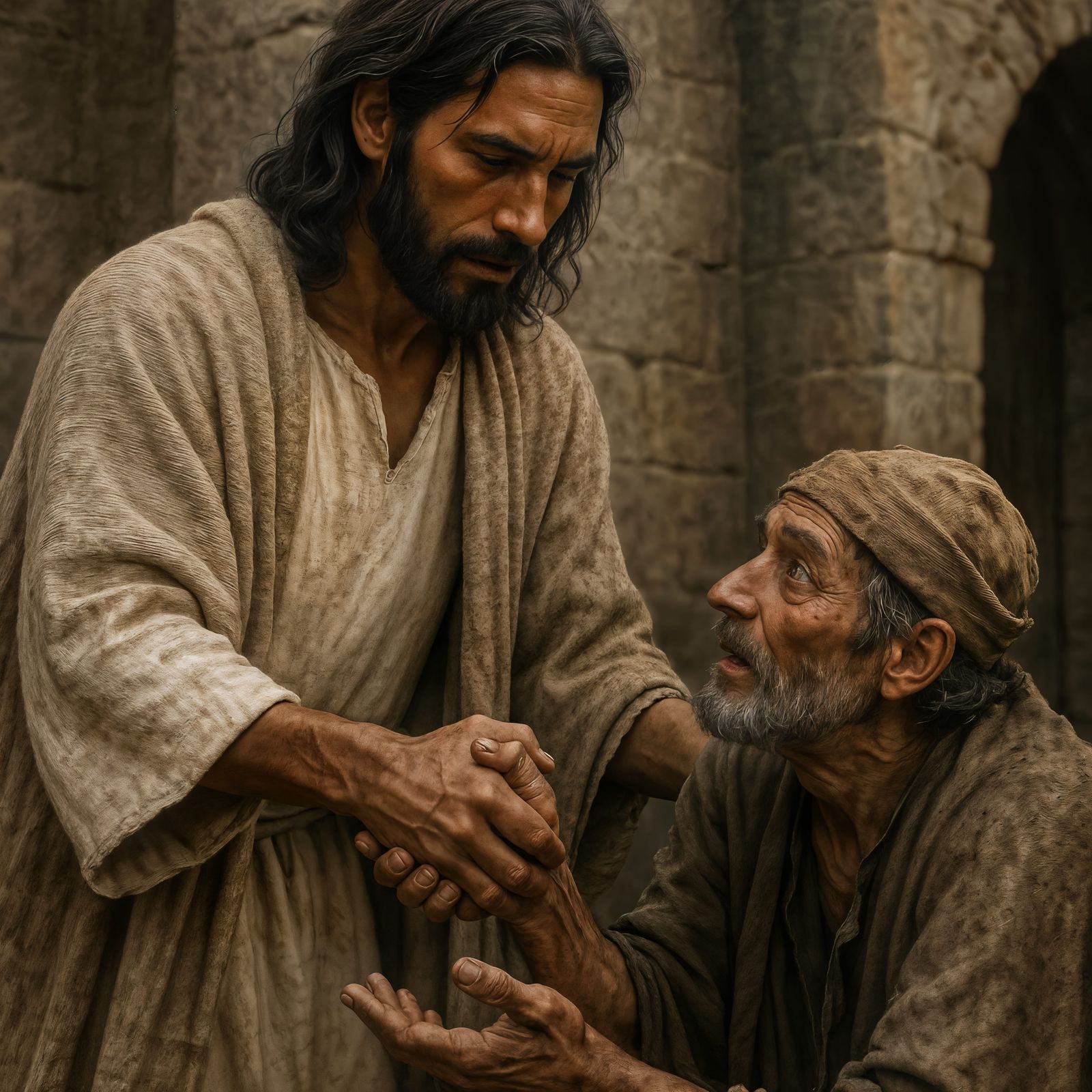 CGI Jesus Offering Help to Beggar