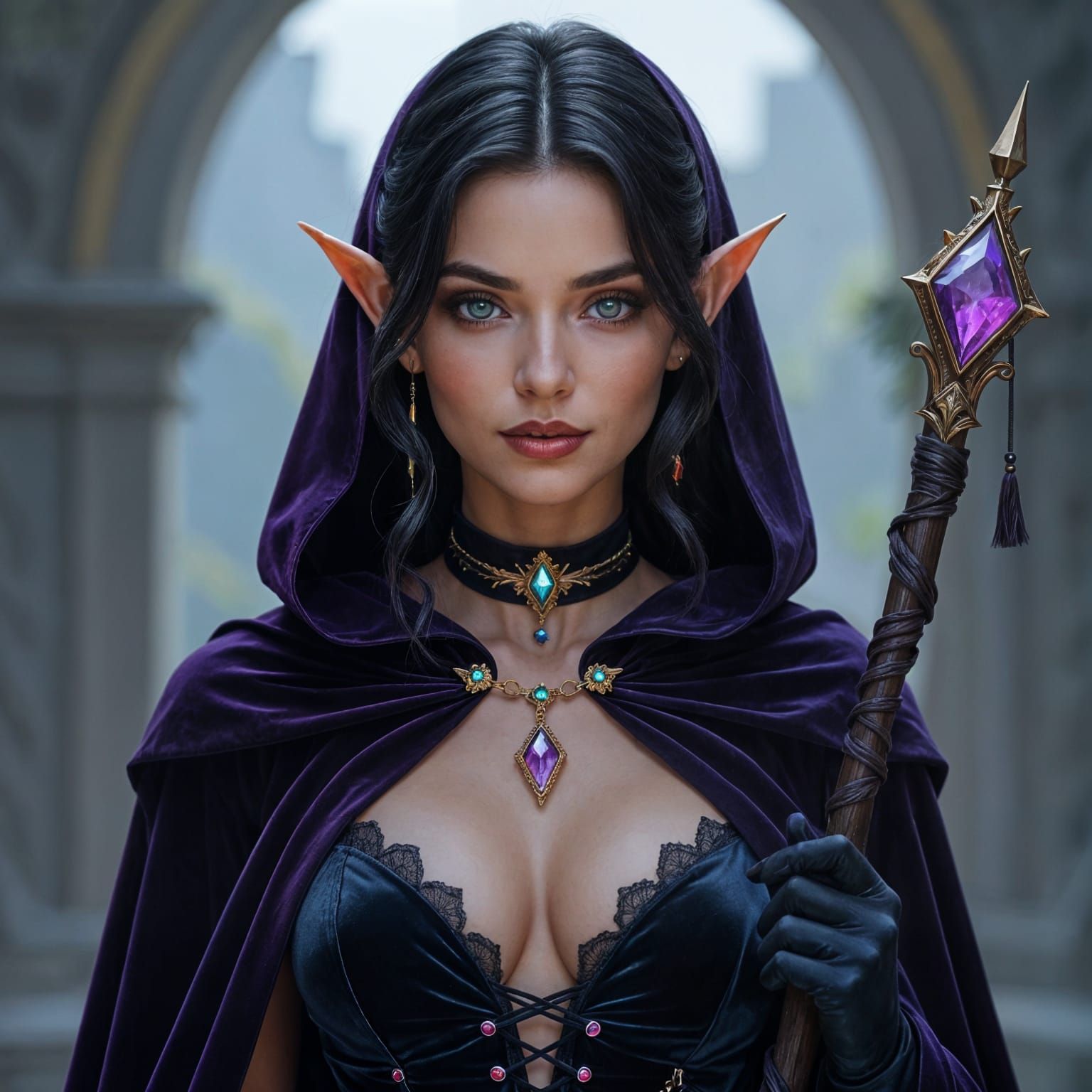 Dark Elf Sorceress Holding Crook in Velvet Cloak