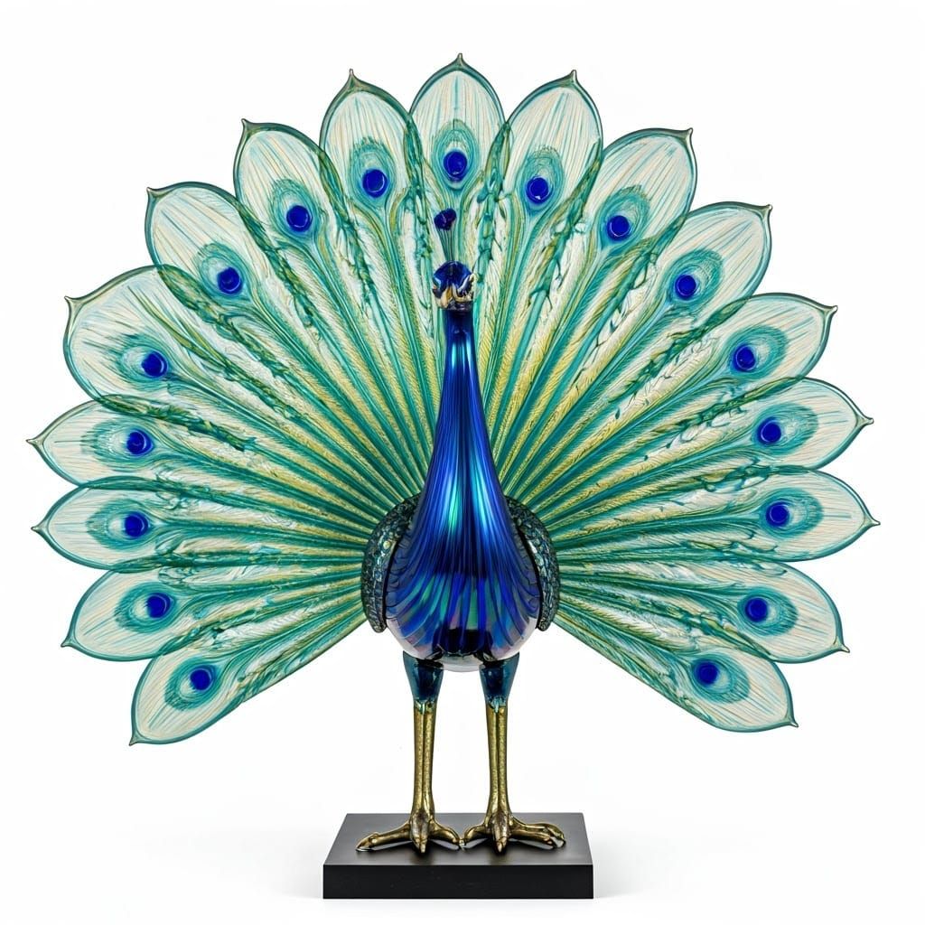 Iridescent Glass Peacock on Plinth: Art Nouveau Style